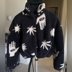 Urban Outfitters UO Olivia Printed Sherpa Bomber Fleece Jacket Coat Evil Eye